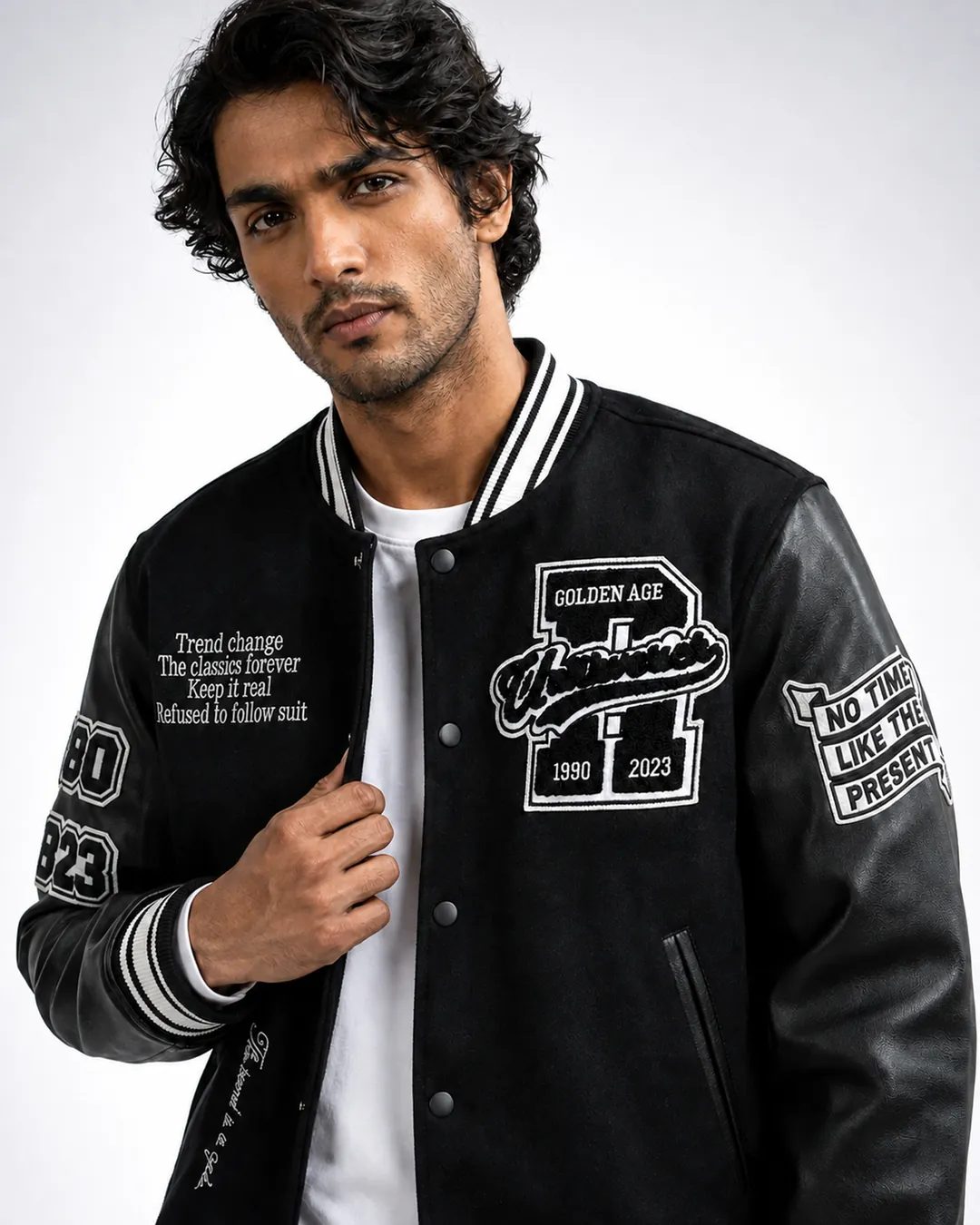 Close portrait of the model in the varsity jacket