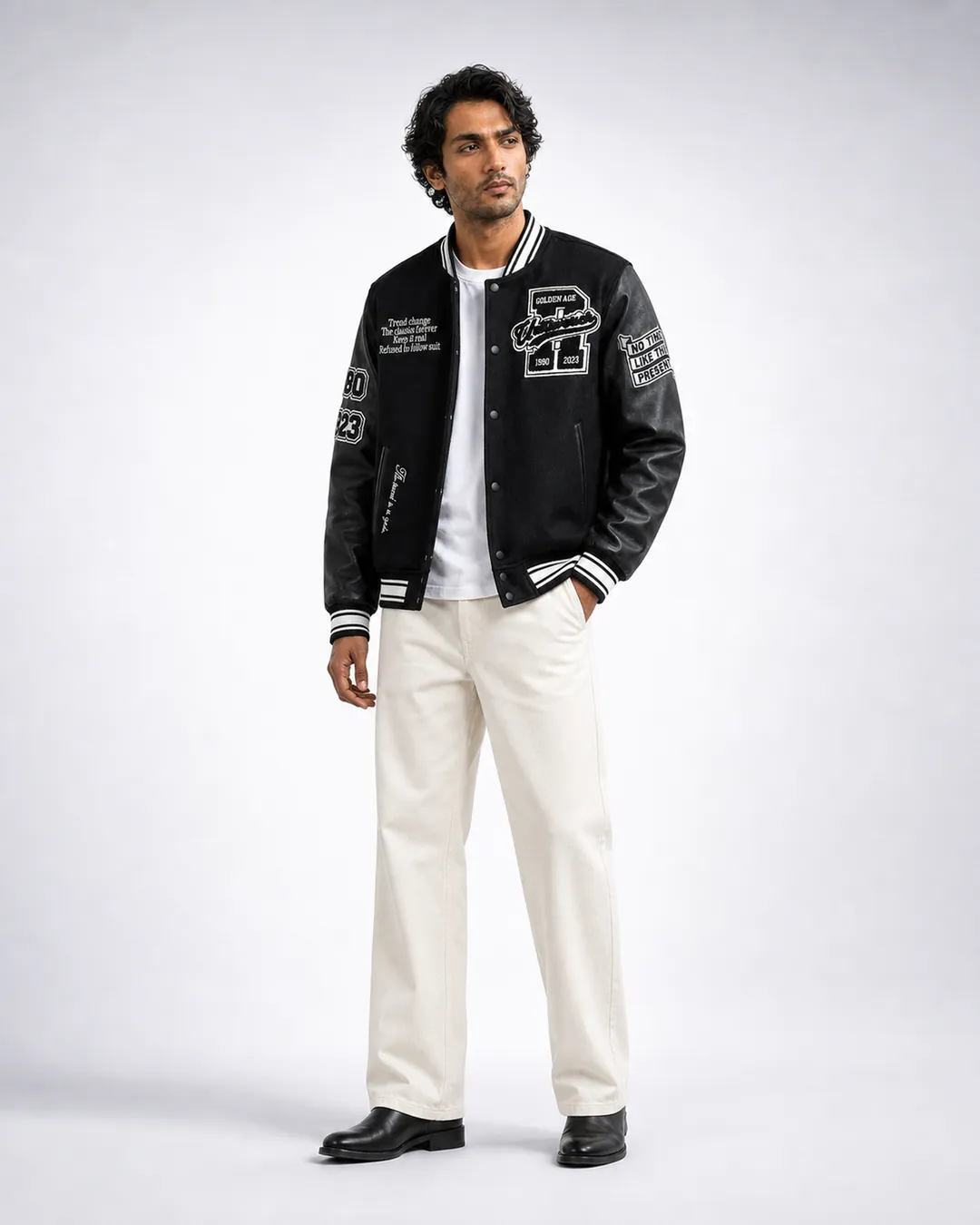 Model wearing the varsity jacket, full length