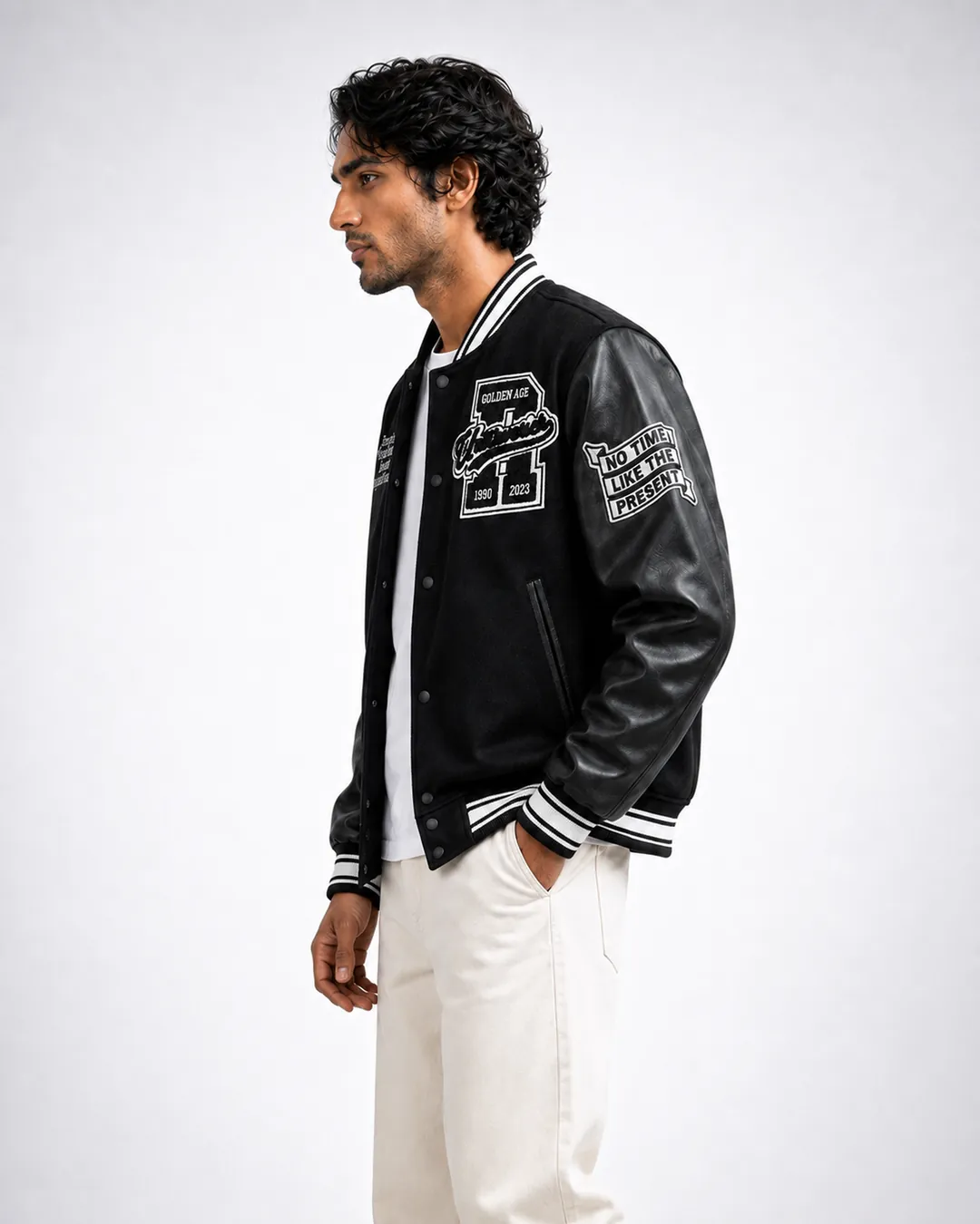 Model in the varsity jacket, side view
